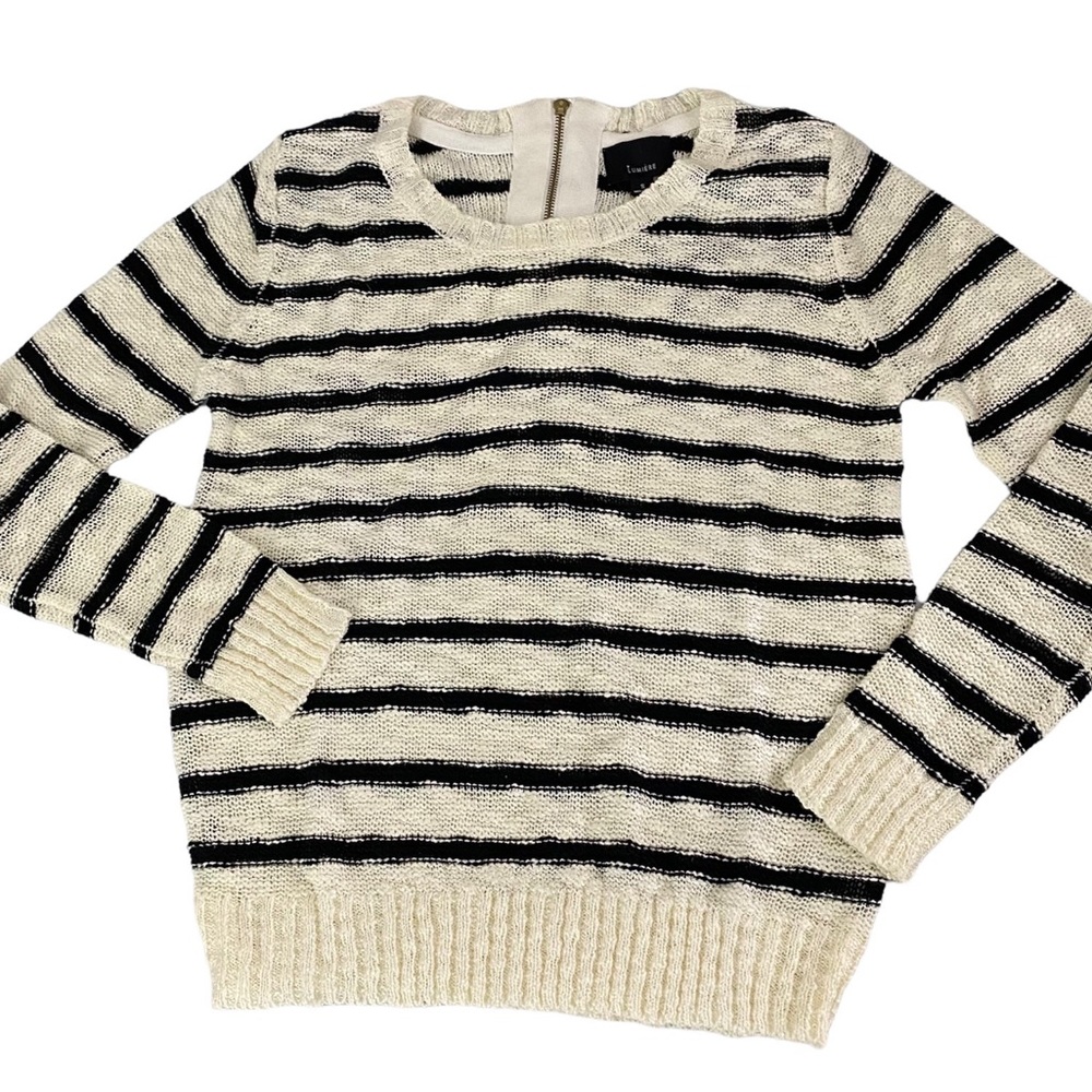 White & Black Stripe Knit Crew Neck Sweater